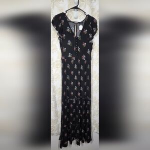 AMERICAN EAGLE OUTFITTERS 90S BLACK FLORAL RUFFLE SLEEVE MAXI OPEN BACK sz M GUC